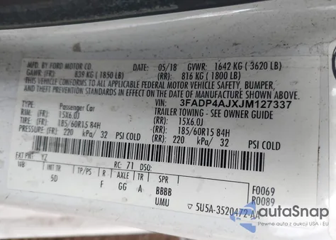 2018 Ford Fiesta S z USA, uszkodzony, nr VIN 3FADP4AJXJM127337